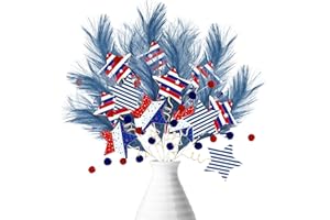 CODOHI Patriotic Artificial Star Shaped Blue Feather Picks, 6 Pcs 17.7 Inch Artificial Red Blue White Stems for Labor Day 4th of July Independence Day for Table Centerpiece Vase Decor