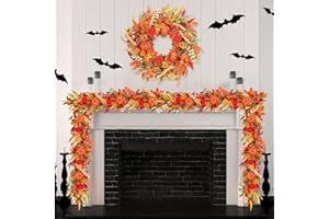 LEBALEY 6ft Fall Garland for Mantle,Maple Leaf Garland with Pumpkins Berries Flowers,Thanksgiving Table Centerpiece Decor,Fall Autumn Decorations for Home Porch Fireplace Outdoor Halloween Decor
