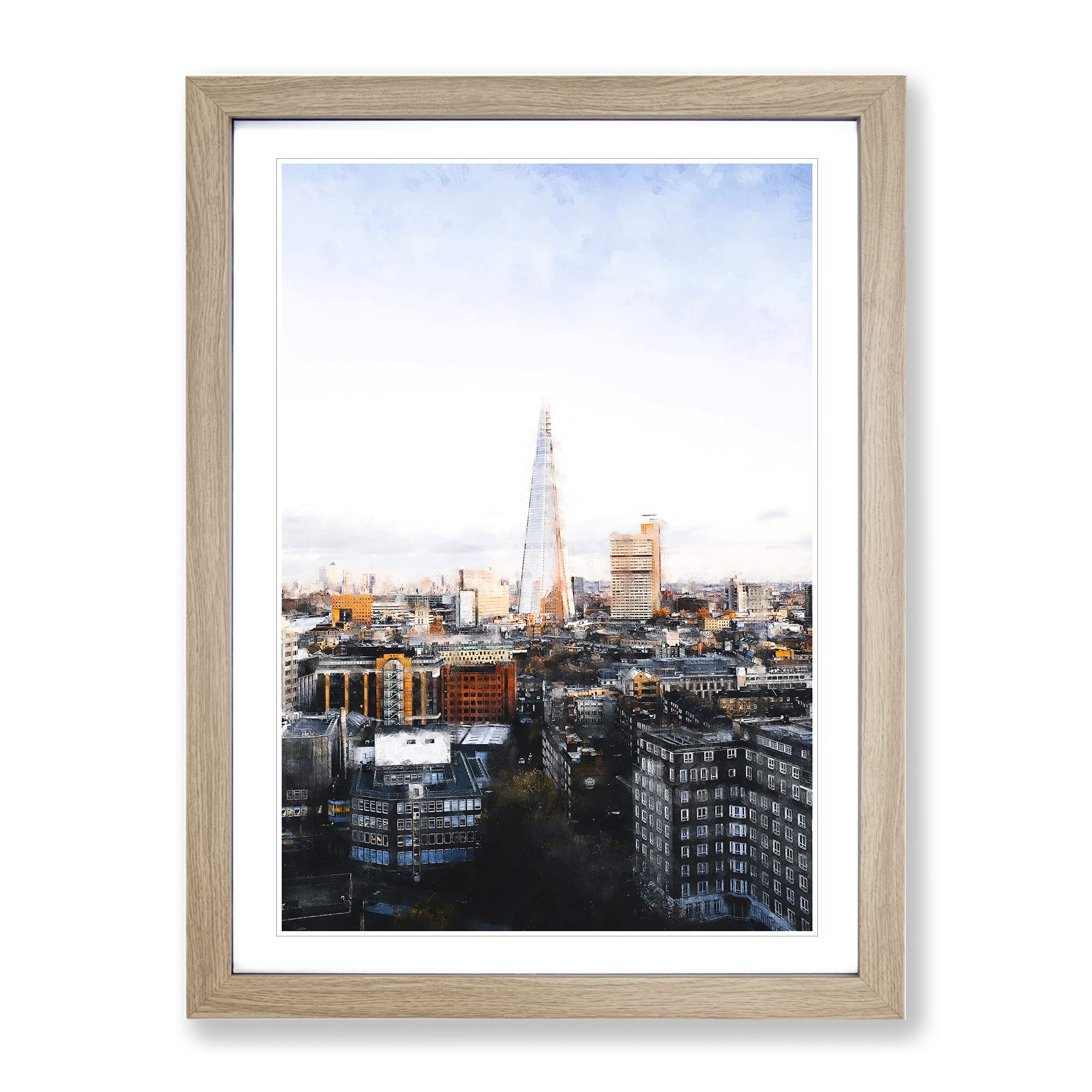 The London Skyline With The Shard Painting Modern Framed Wall Art Print, Ready to Hang Picture for Living Room Bedroom Home Office Décor, Oak A3 (34 x 46 cm)