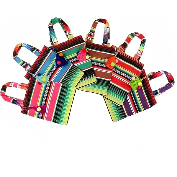 Set Of 6, Mini Mexican Tote Favor Bags-7.5 Inches High X 7 Inches Wide Assorted Colors