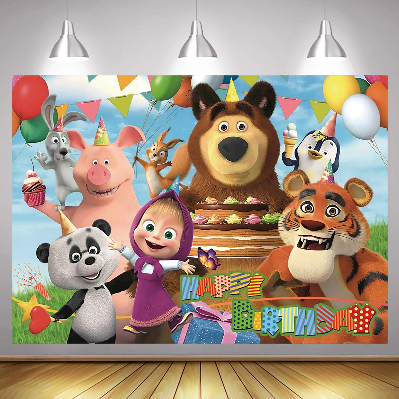 Masha and The Bear Party Backdrop7x5ft cartoon Masha and The Bear First Happy Birthday Backdrop Banner Confetti Balloons Baby Shower Photography Background Girls Princess Birthday Party Decor Supplies