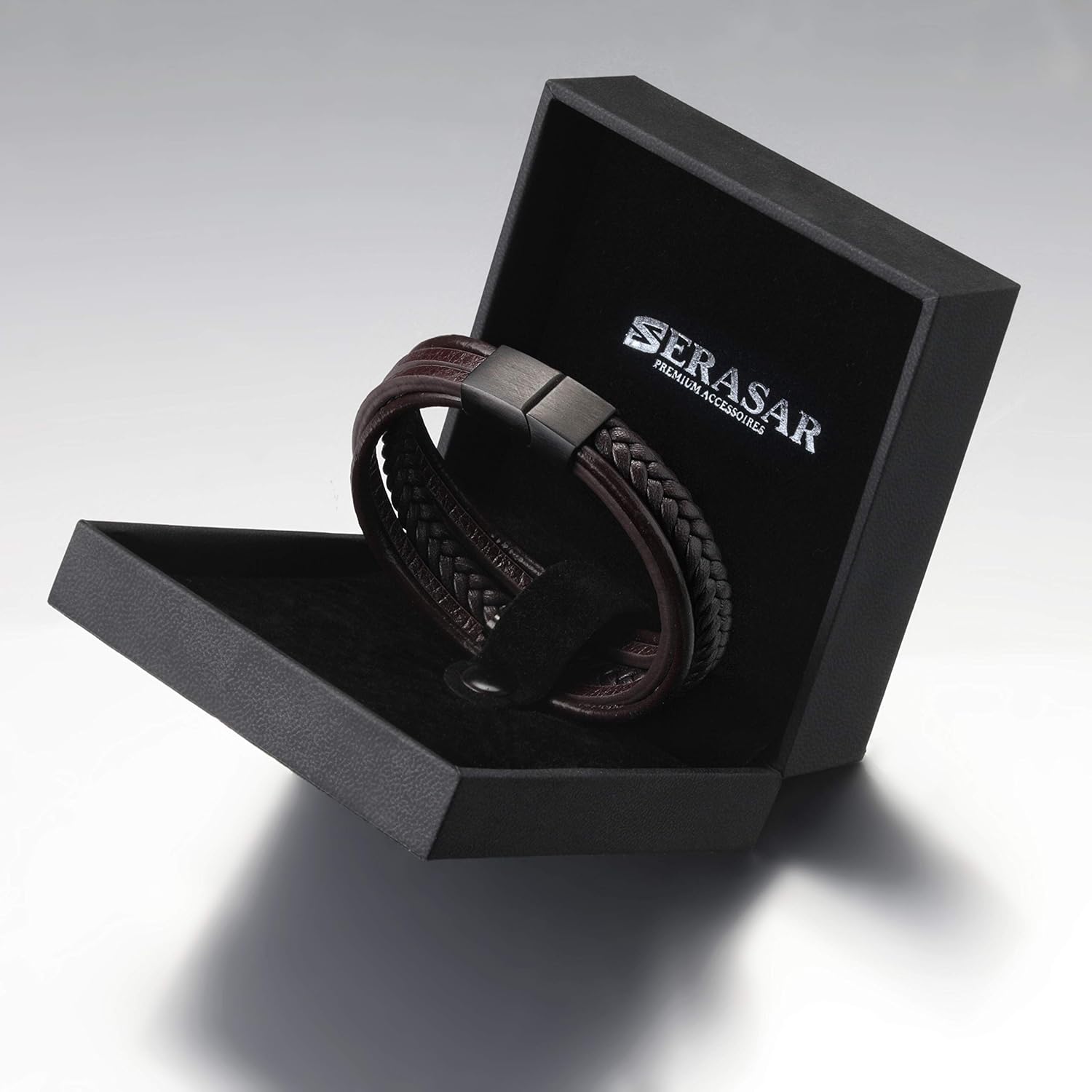 SERASAR Mens Leather Bracelet 17cm Brown Bracelet Men Gift-Box Genuine-Leather Cowhide Braided Adjust-Able Magnetic-Clasp Multi-Layer Wrap Rope Man Mans Male Boy Boys Band Jewelry Magnet Accessories: Jewelry