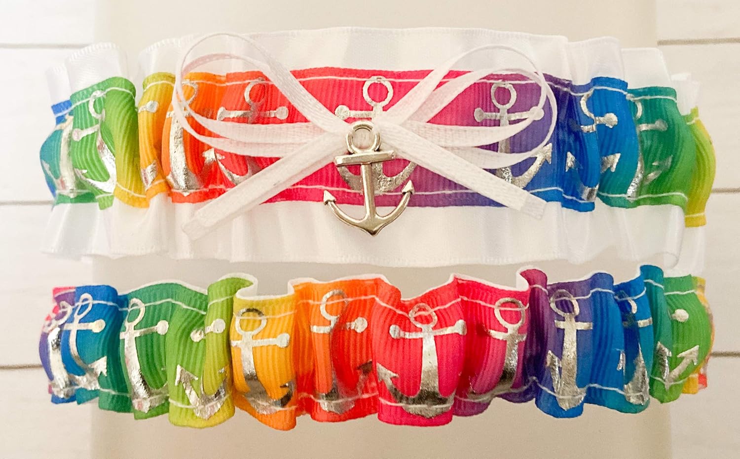 Rainbow White Satin Anchor Bridal Garter Set - Silver Anchor