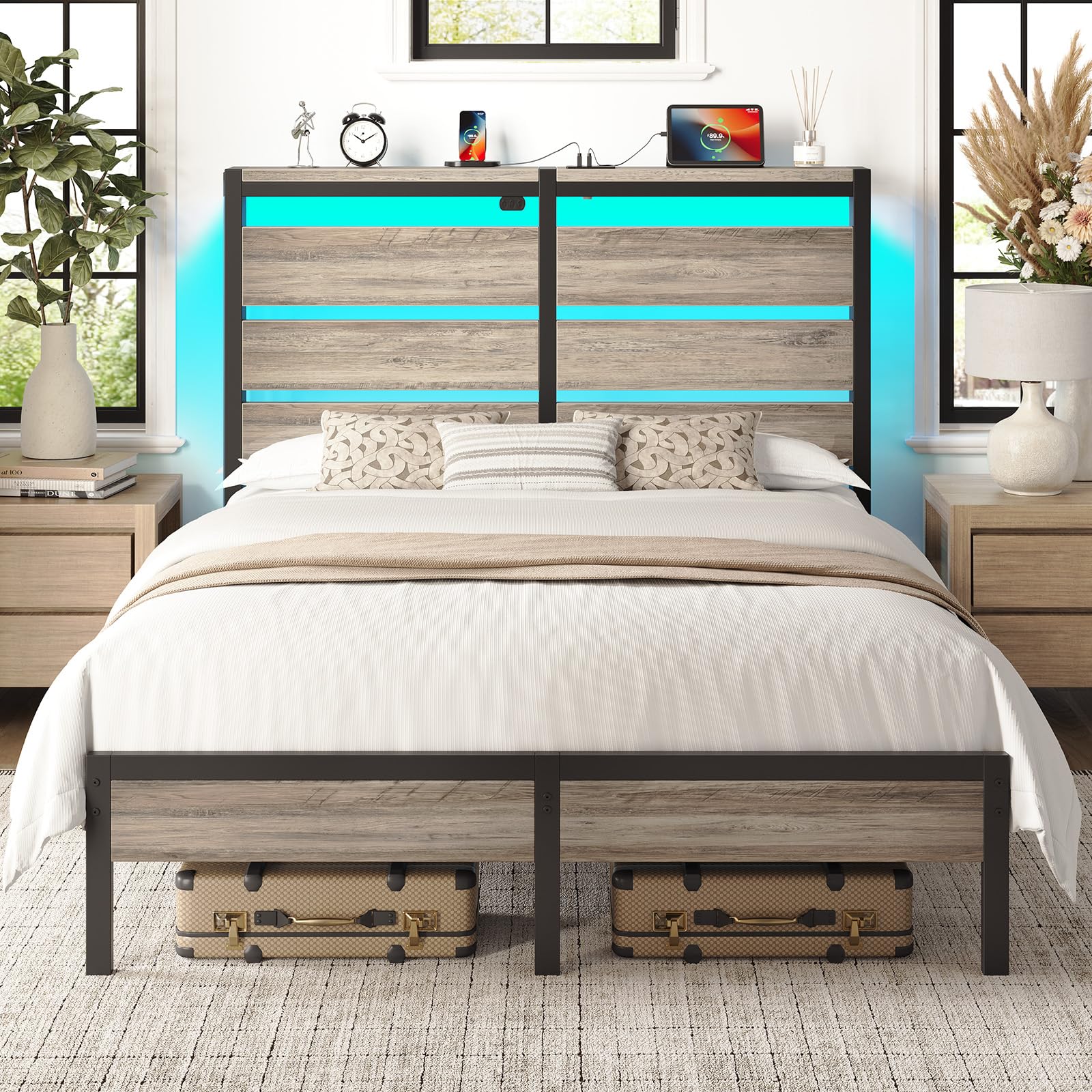 Rolanstar Full Size Bed Frame with LED Lights and Charging Station, Wood Storage Headboard and Under Bed Storage, Metal Platform, Noise Free, No Box Spring Needed, Balck Oak Image