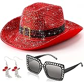 Cutecrop 3 Pcs Christmas Rhinestone Western Cowgirl Costume Sets for Women Red Cowboy Rhinestone Hat Cowgirl Earrings Boots Sunglasses Western Christmas Party Rodeo Outfit Accessories