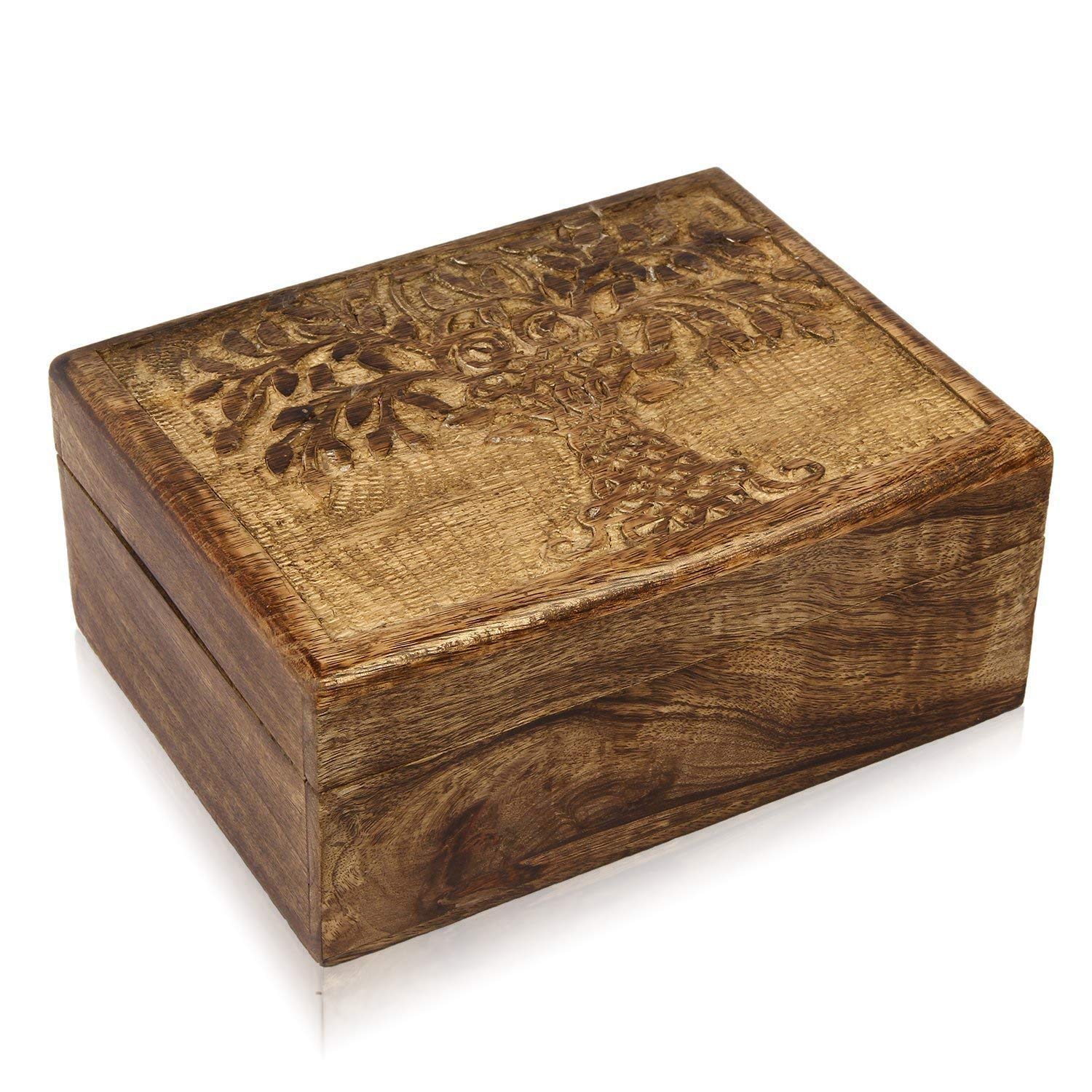 Great Birthday Gift Handmade Decorative Wooden Jewelry Keepsake Box Tree Of Life Carving Jewelry Organizer Treasure Chest Trinket Holder Watch Storage Lock Box Housewarming Gift (Antique)