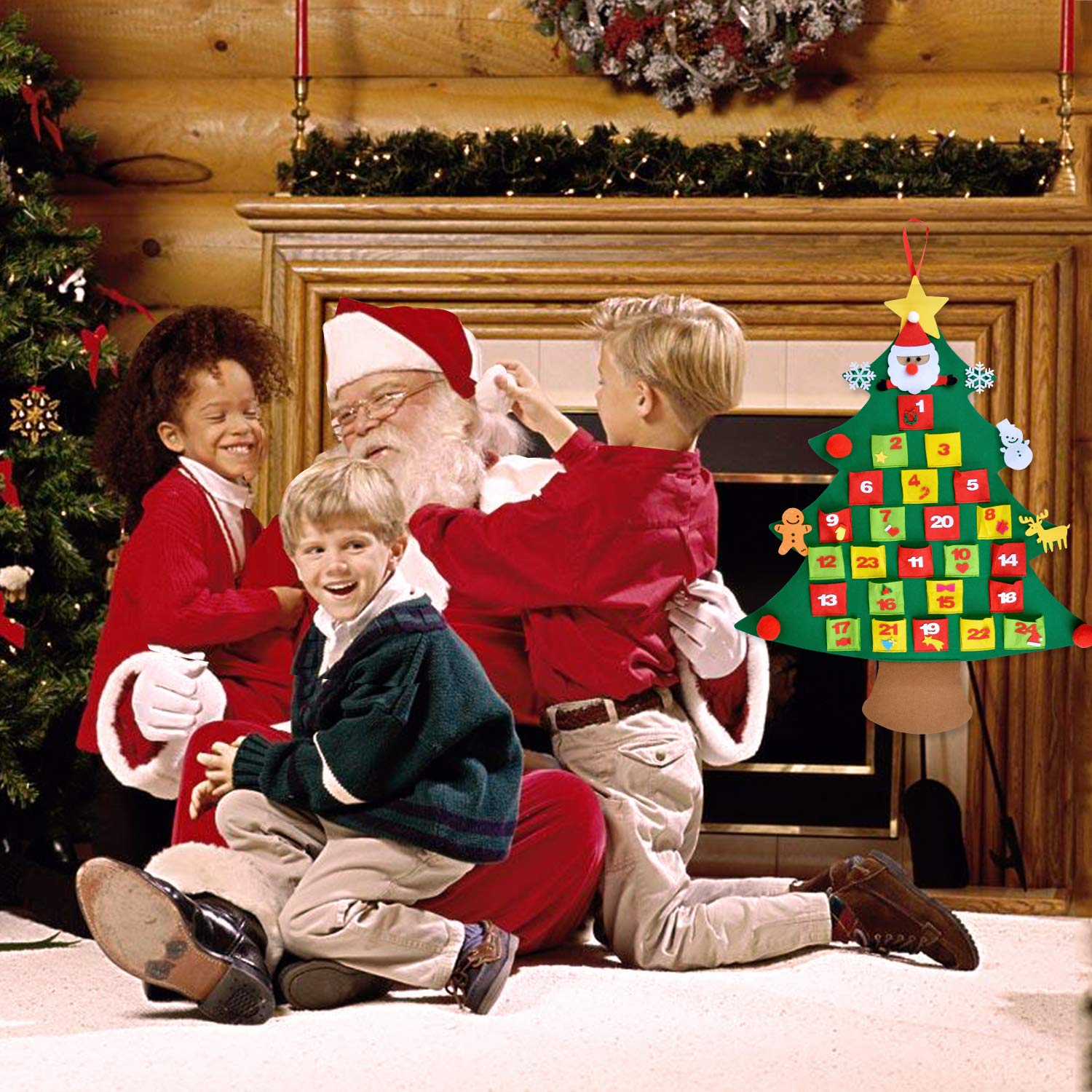 Coxeer Felt Christmas Tree Advent Calendar Pocket Count Down Calendar DIY Xmas Wall Hanging Tree Calendars with 10 PCS Ornaments Gift for Kids Christmas Decorations