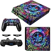 eXtremeRate Full Set Faceplate Skin Decals Stickers and 2 Led Lightbar for ps4 Slim Console & 2 Controller Decal Covers - Psy
