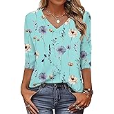 Zeagoo Womens Blouse Casual 3/4 Length Sleeve V Neck Basic T-Shirts Spring Summer Cute Tunic Tops Business Work Tees