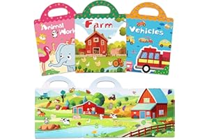 EOAOD 3 Sets Reusable Sticker Book for Kids, Thicker Sticker Book for Toddlers 2-4 Years, Cute Waterproof Toddler Activity Stickers Book for Teens Girls Boys - Farm, Vehicle and Animals