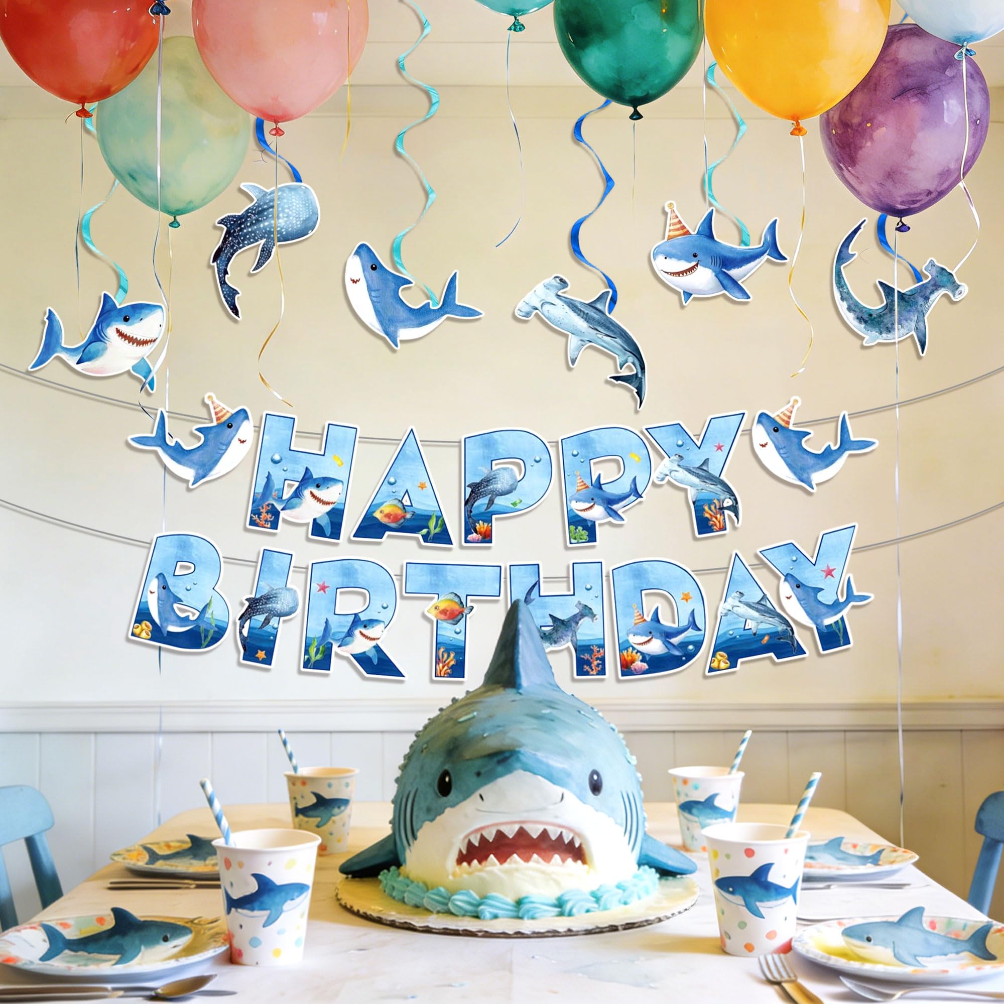 Shark Birthday Banner Party Decoration Under The Sea Decor Shark Party Supplies for Under the Sea Birthday Garland Favors