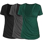 Liu & Qu Women's Maternity Nursing Tops, Layered Wrap for Breastfeeding, V-Neck Short Sleeve Tee Shirts 3 Packs