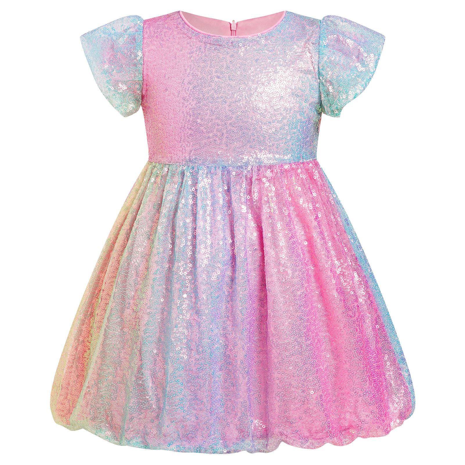 Photo 1 of IDOPIP Toddler Baby Girls Sequin Ombre Dress Little Princess Birthday Party Rainbow Sparkly Dresses First Communion Pageant Wedding Puff Sleeve Tutu Gown Shiny Photo Shoot Dress Pink 2-3 Years