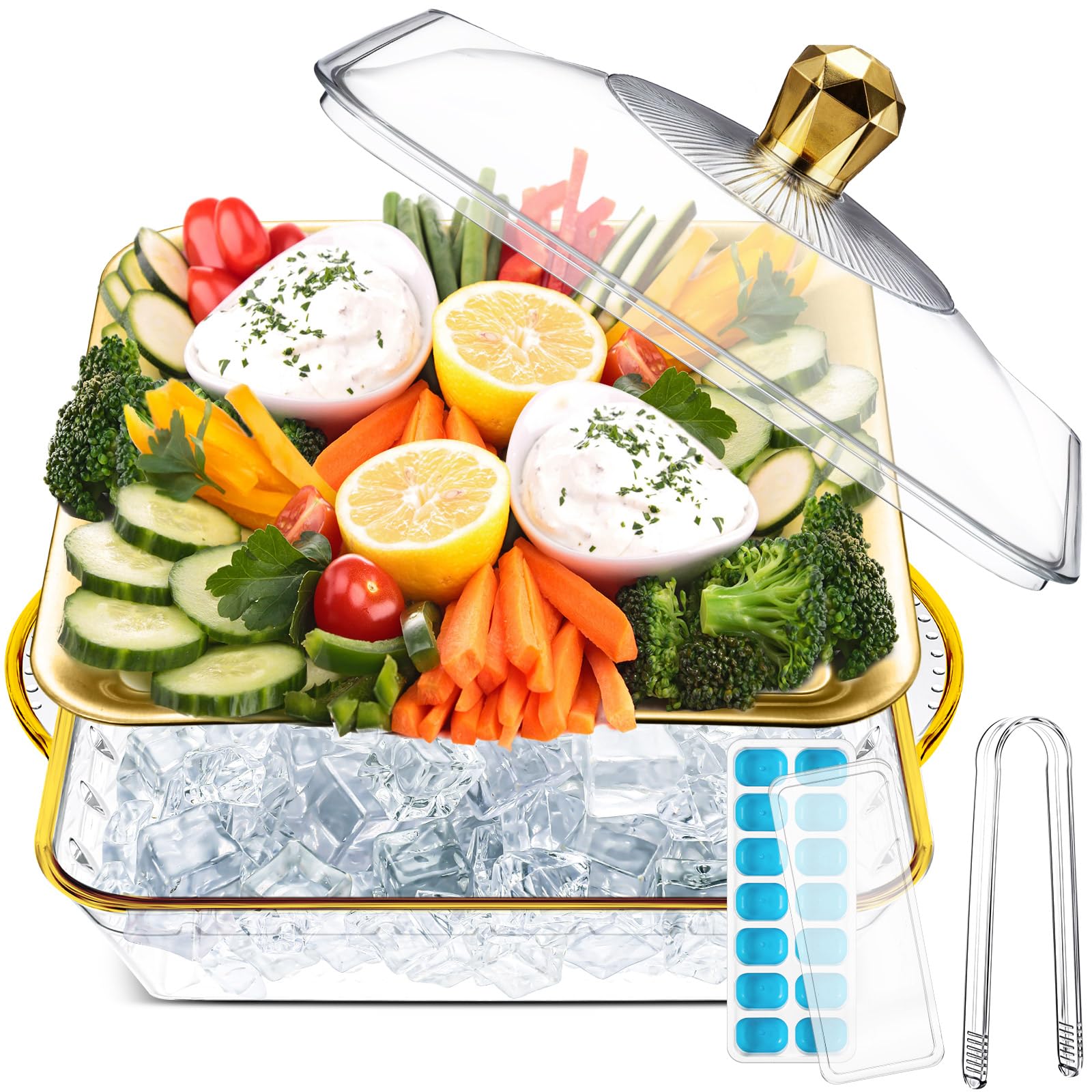 Photo 1 of Baderke 1 Set 9" Chilled Serving Tray for Parties with Compartments Ice Chilled Party Platter with Lid Tableware Charcuterie Serving Board for Fresh Food Fruit Seafood Vegetable Appetizer(Gold)