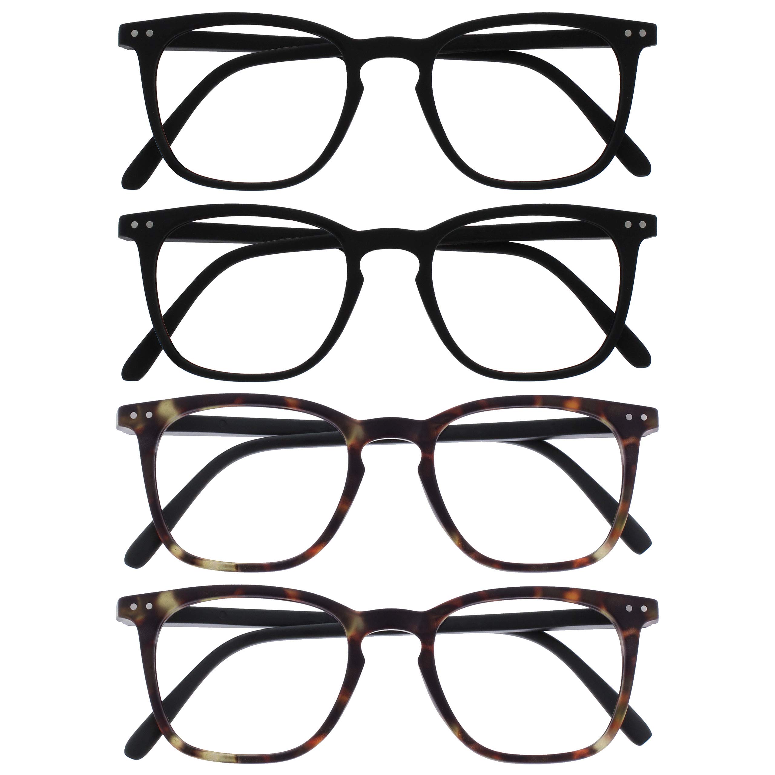 OPULIZE Bex Reading Glasses 4 Pack Large Square Cool Designer Frame Spring Hinges Scratch Resistant Matt Black Brown Mens Womens RRRR64-1122 +1.00