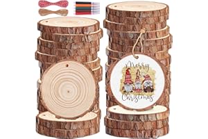 CYRICO Wood Slices 32 Pcs 2.8-3.1 Inch, Natural Unfinished Wood Rounds Slice Ornaments, Round Craft Wood Kit Predrilled Wood Circles for DIY Crafts Christmas Wedding Centerpieces Wooden Coasters Burning