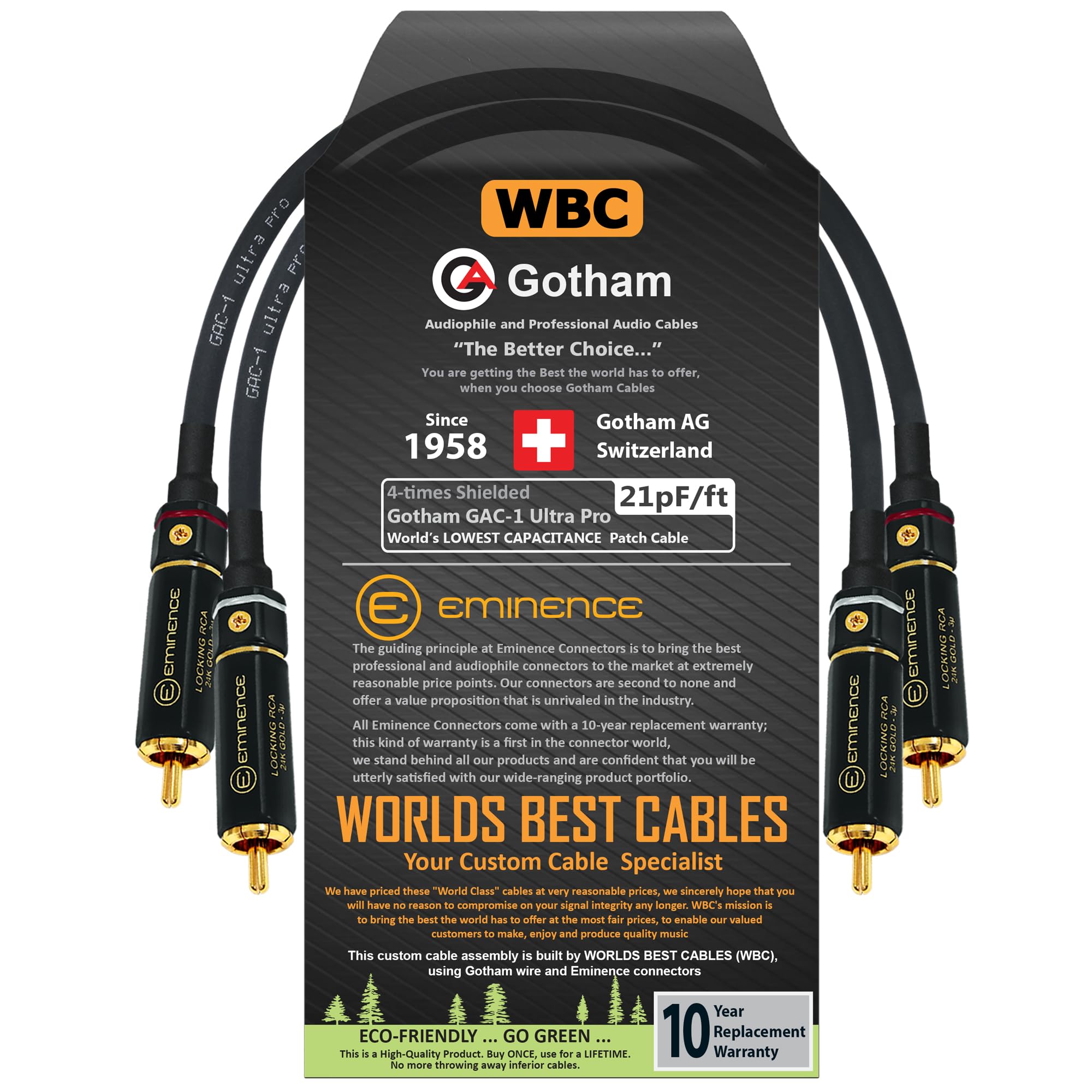 WORLDS BEST CABLES 15 CM RCA Cable Pair - Gotham GAC-1 Ultra Pro - Low-Cap (21pF/ft) Audio Interconnect Cable with Eminence Gold Locking RCA Connectors