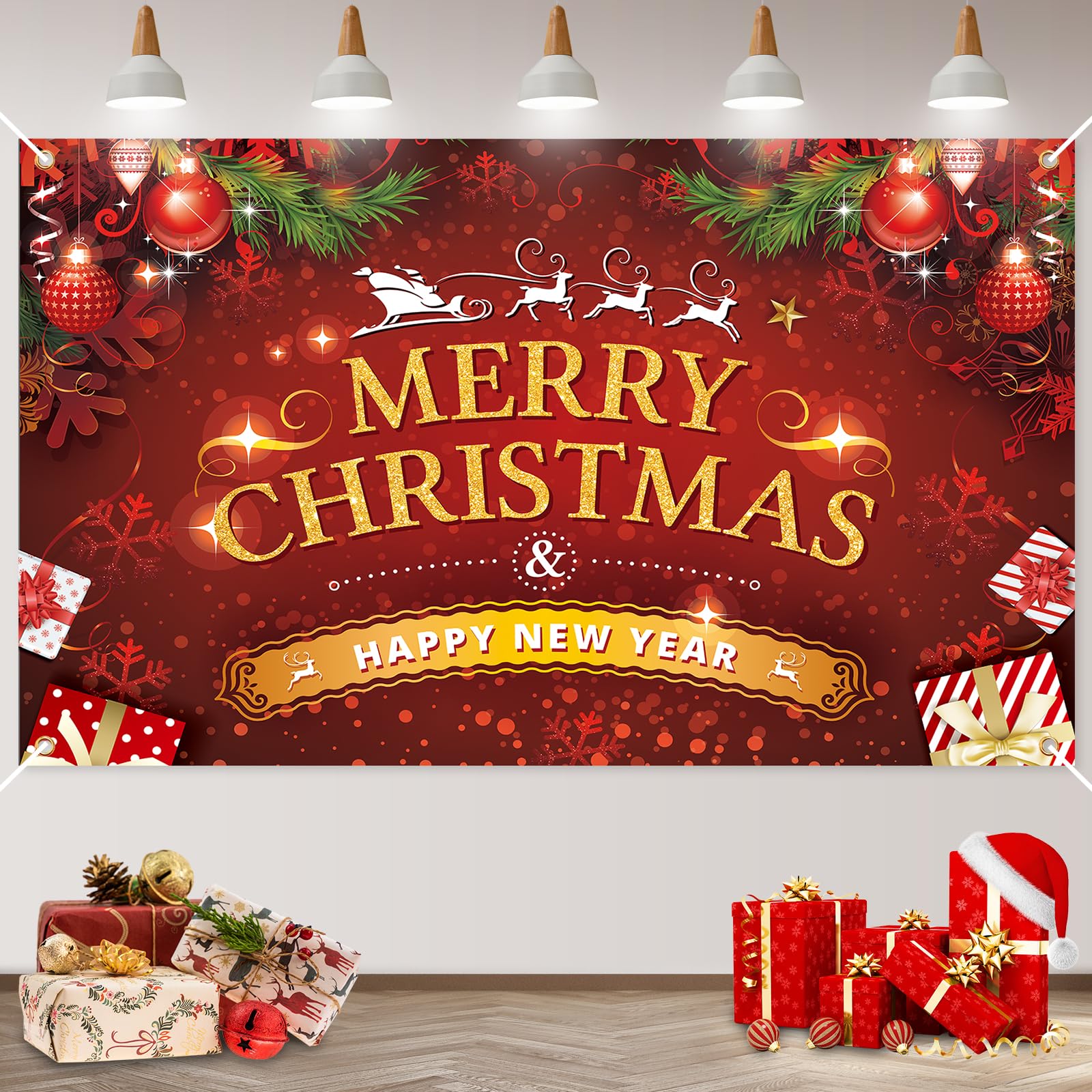 Large Merry Christmas Banner Background, Red Banners Photo Booth Wall Decor for Indoor Outdoor Home Party