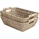 StorageWorks Hand-Woven Large Storage Baskets with Wooden Handles, Seagrass Wicker Baskets for Organizing, 2-Pack