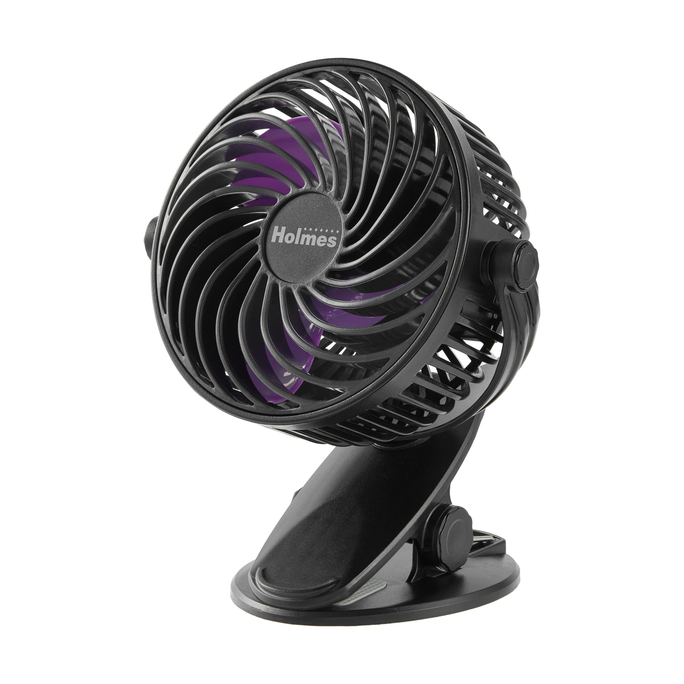 HOLMES 4” On-The-Go Personal Fan with Clip – 3 Speeds, 360° Rotation, Rechargeable Battery, USB-C Charging, Compact, Black with Purple Blades, 1-Year Warranty – Ideal for Desks & Personal Spaces