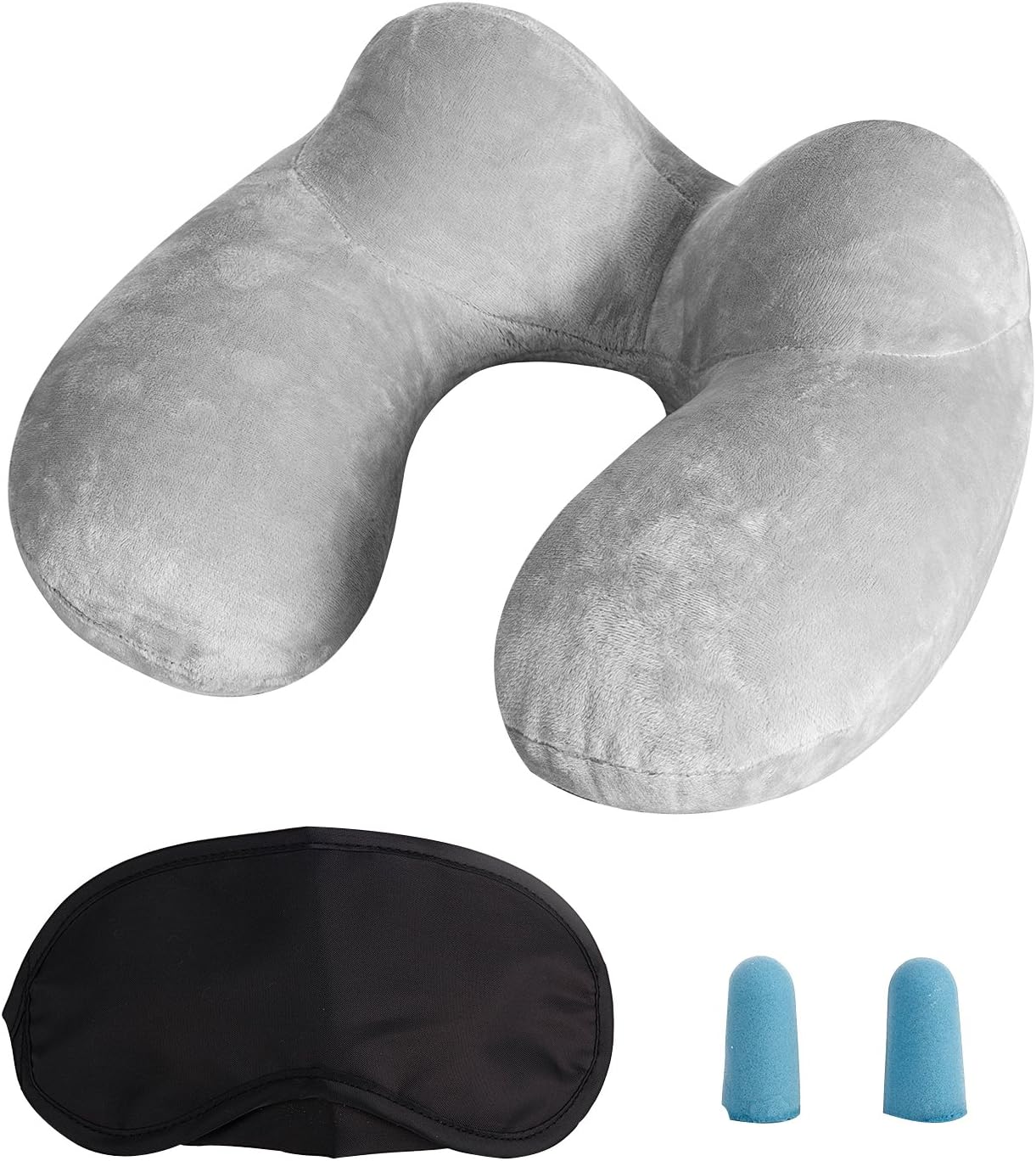 LUZWAY Inflatable Travel Pillow, Neck Pillow Ergonomic Soft Velvet and Washable Pillowcase with Ear Plug and Eye Mask [Gray]