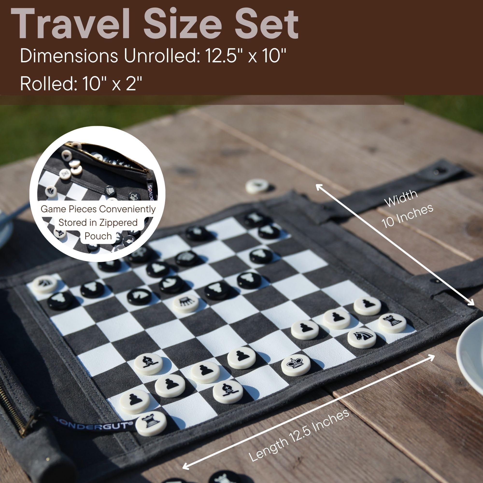 Sondergut Roll-Up Portable Suede Travel Chess & Checkers Game Set - Compact Perfect for RV Adventure Travel, Cruise, Airplane, Camping, Backpacking, Road Trips, and More.