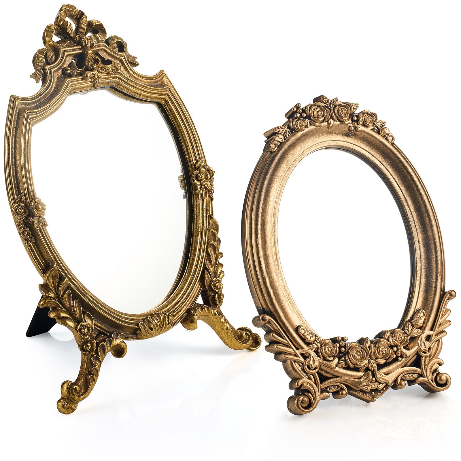 Photo 1 of Threehoney 2 Pcs Small Gold Vintage Mirror Antique Vanity Makeup Desk Mirror Traditional Arch Tabletop Mirrors with Stand Baroque Decorative Wall Art for Living Room Bedroom Dresser Decor