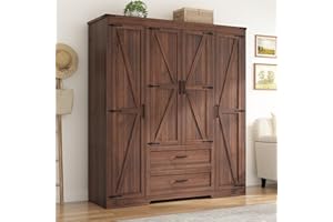 St.Mandyu Farmhouse Wardrobe Armoire Closet with 4 Doors and 2 Drawers, 70.1" Wooden Clothing Storage Cabinet, Freestanding Large Capacity Storage Wardrobe Armoire with Hanging Rod for Bedroom, Brown