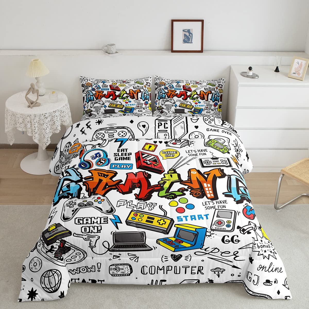 Loussiesd Gamer Comforter Set Computer Gaming Joysticks Bedding Set for Boys Girls Kids Colorful Graffiti Gamepad Headphone Down Comforter Retro Arcade Game Machine Duvet Insert/Quilt Set Single Size