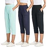 Real Essentials 3 Pack: Women's Ribbed Capri Jogger Lounge Sweatpants with Pockets Yoga Workout (Available in Plus Size)