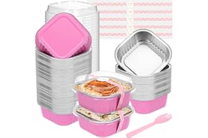 JuneHeart Mini Cake Pans with Lids and Spoons (100 Pack Pink 10oz) Aluminum Foil Square Muffin Pans - Mini Aluminum Pans with Lids for Dessert and Party