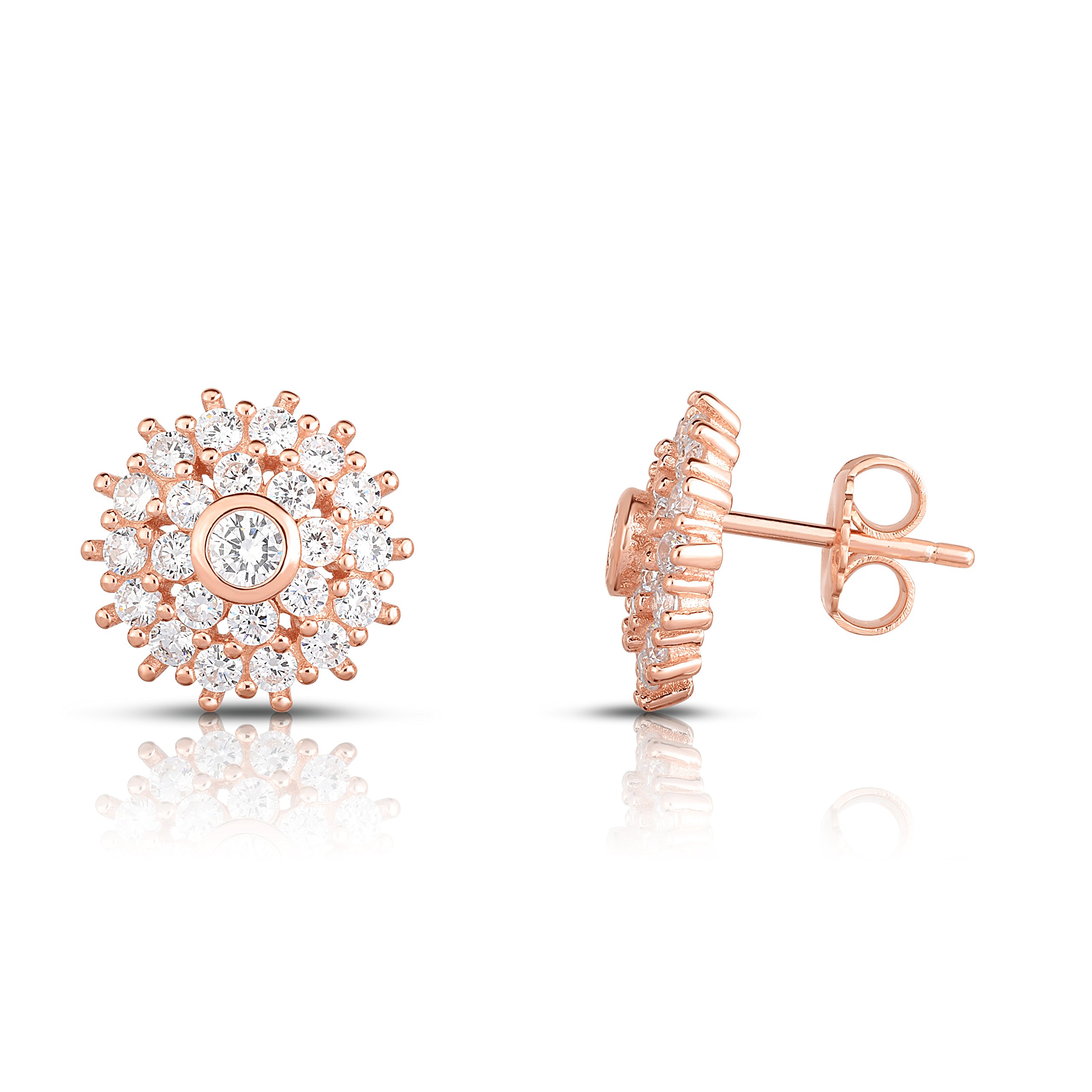 Rose Gold Plated Sterling Silver Cubic Zirconia Halo with Baguette Stud Earrings