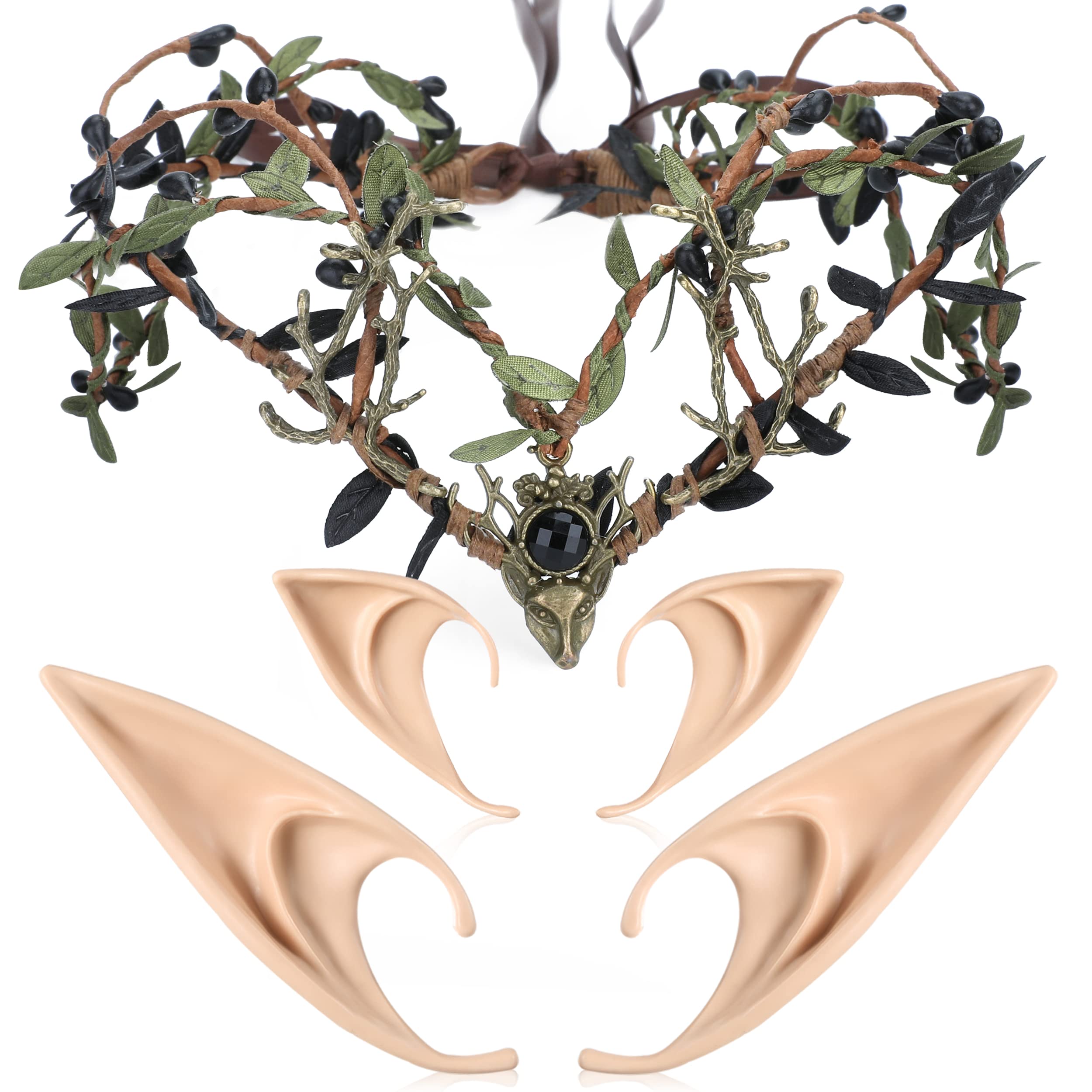 Photo 1 of MOSTORY Elf Ears with Woodland Fairy Headband Green Flower Crown Headpiece with Pixie Ears Set Bronze Deer Antlers Circlet Tiara Cosplay for Women Girls Renaissance Halloween Party