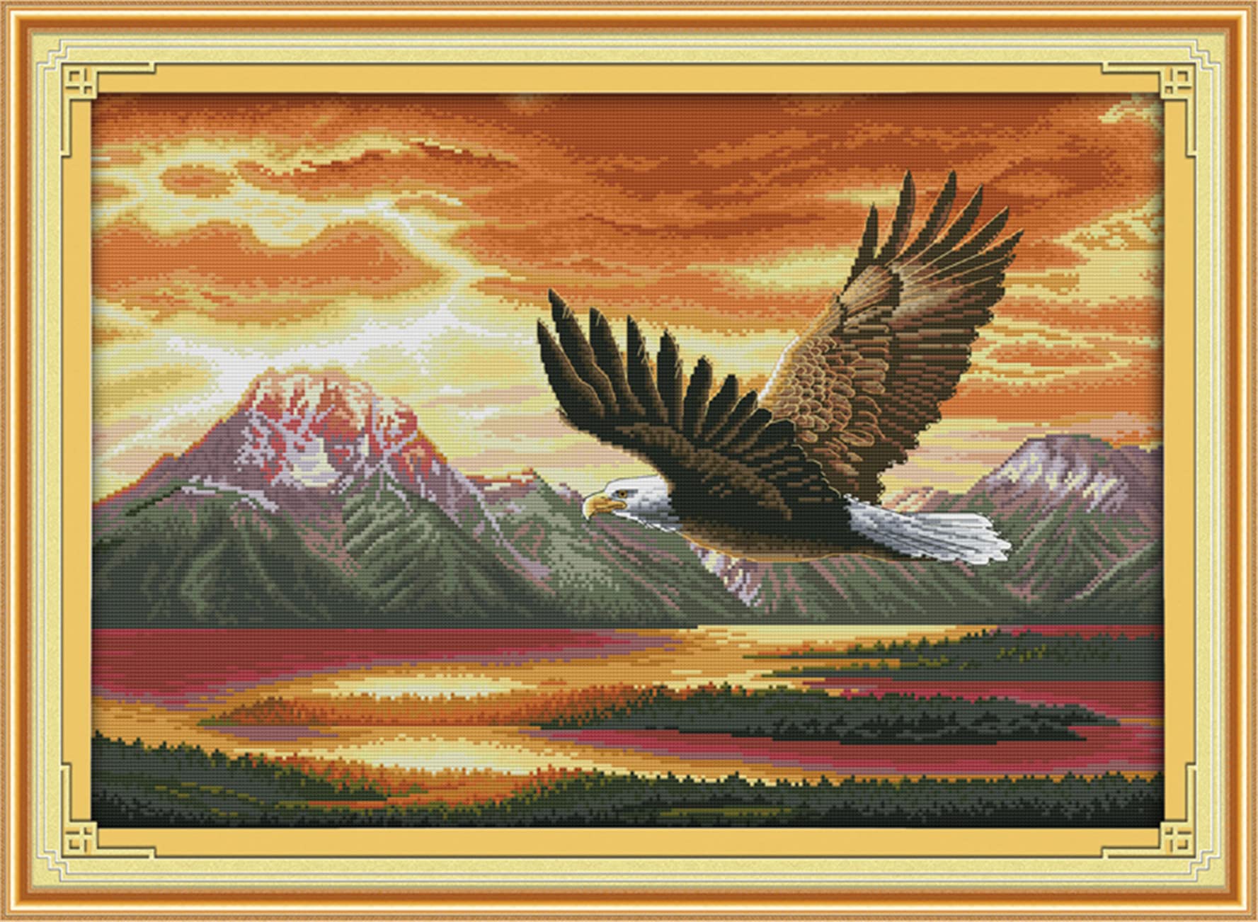 CaptainCrafts Cross Stitch Kits, Preprinted Fabric Cross Stitch DIY Art Needlecrafts Embroidery Kits (Flying Eagle, STAMPED)