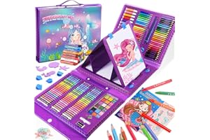 HCHILDHOOD Art Supplies, 215 PCS Art Kits Arts and Crafts for Kids Age 4-6 6-8 8-12 with Trifold Easel,Includes Sketch Pads,Oil Pastels,Crayons,Colored Pencils, Mermaids Drawing Art Kits for 3-12 Year Olds Girls