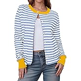 Glamaker Women's Striped Fall Cardigan Sweater Cropped Button Down Knit Long Sleeve Crewneck Fashion Cardigans