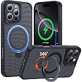 Enlafavo Designed for iPhone 16 Pro Case with 360° Magnetic Stand, Carbon Fiber Phone Case [Compatible with Magsafe] [15FT Military Protection] with Stand Ring 6.3'', Black