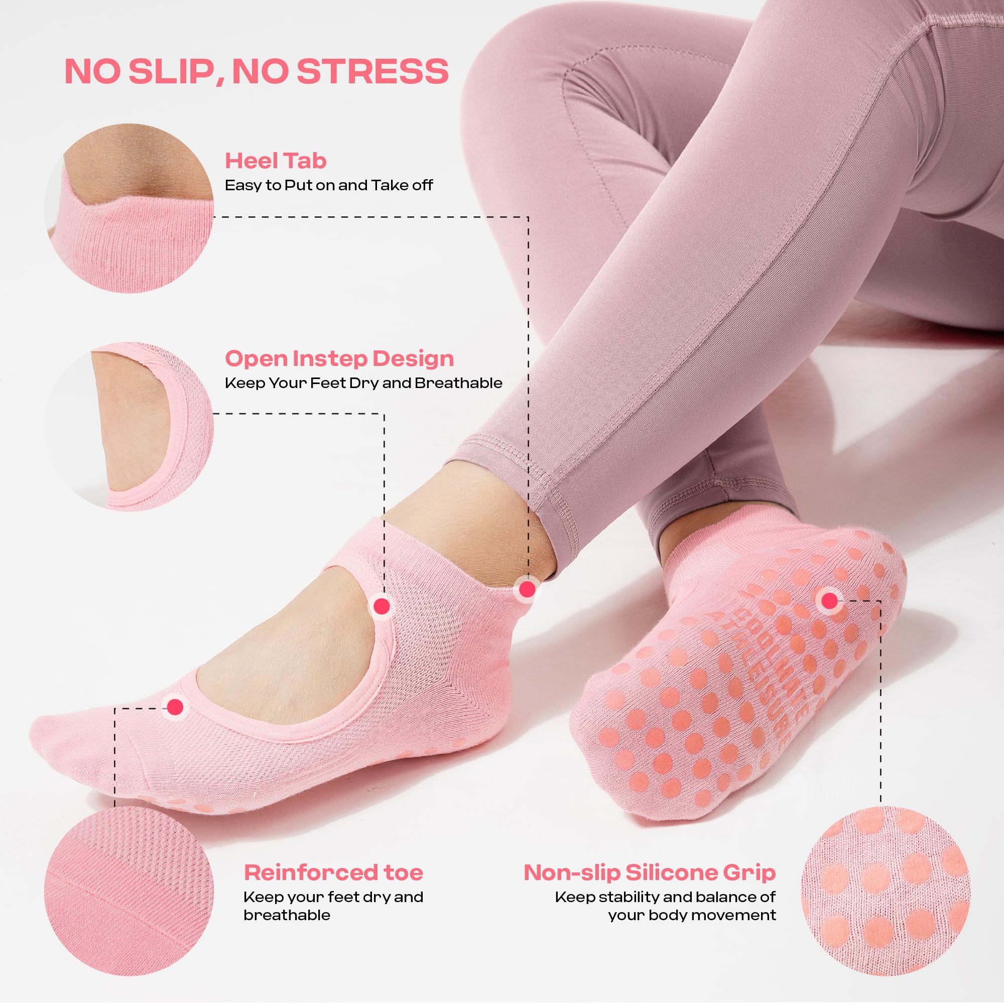 CoolMate Pilates Socks with Grips for Women, Yoga Socks, Crew Non Slip Women for Workout, Barre, Pilates Gifts