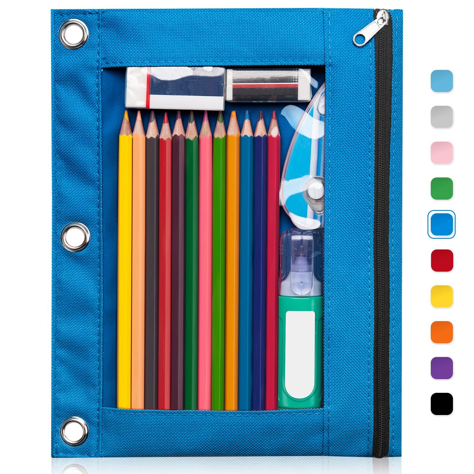 Photo 1 of Forvencer Pencil Pouch for 3 Ring Binder, Clear Window Pencil Case with Smooth Zipper, Big Capacity 3 Ring Binder Pencil Bag with 3 Reinforced Grommets, Azure Blue