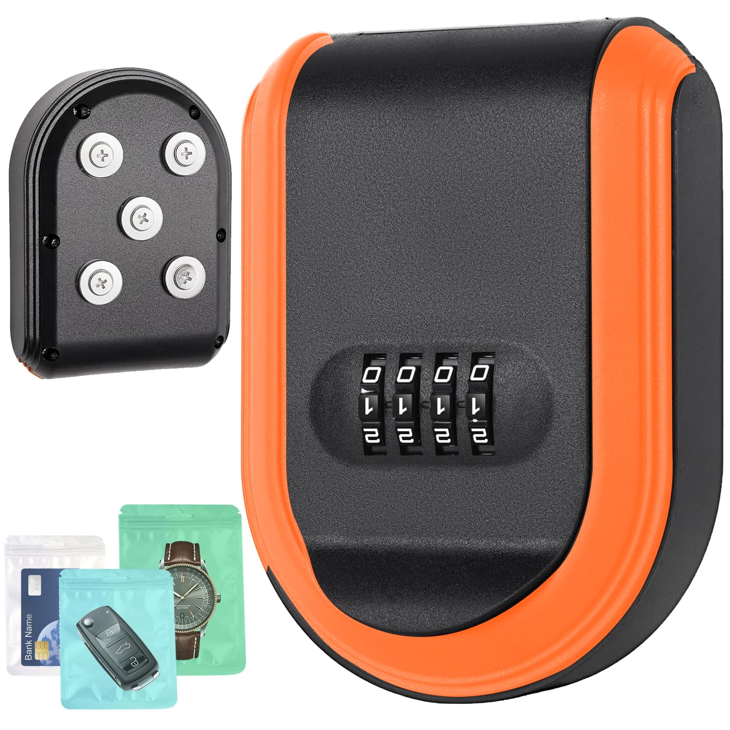 Dayear 2Pcs Magnetic Key Box with Combination Lock, 10 Pcs Strong Magnets Key Holder Box Under Car, 2 in 1 Lock Key Safe Wall Mounted Hider A Key for Storage Indoors,Outdoors/Orange