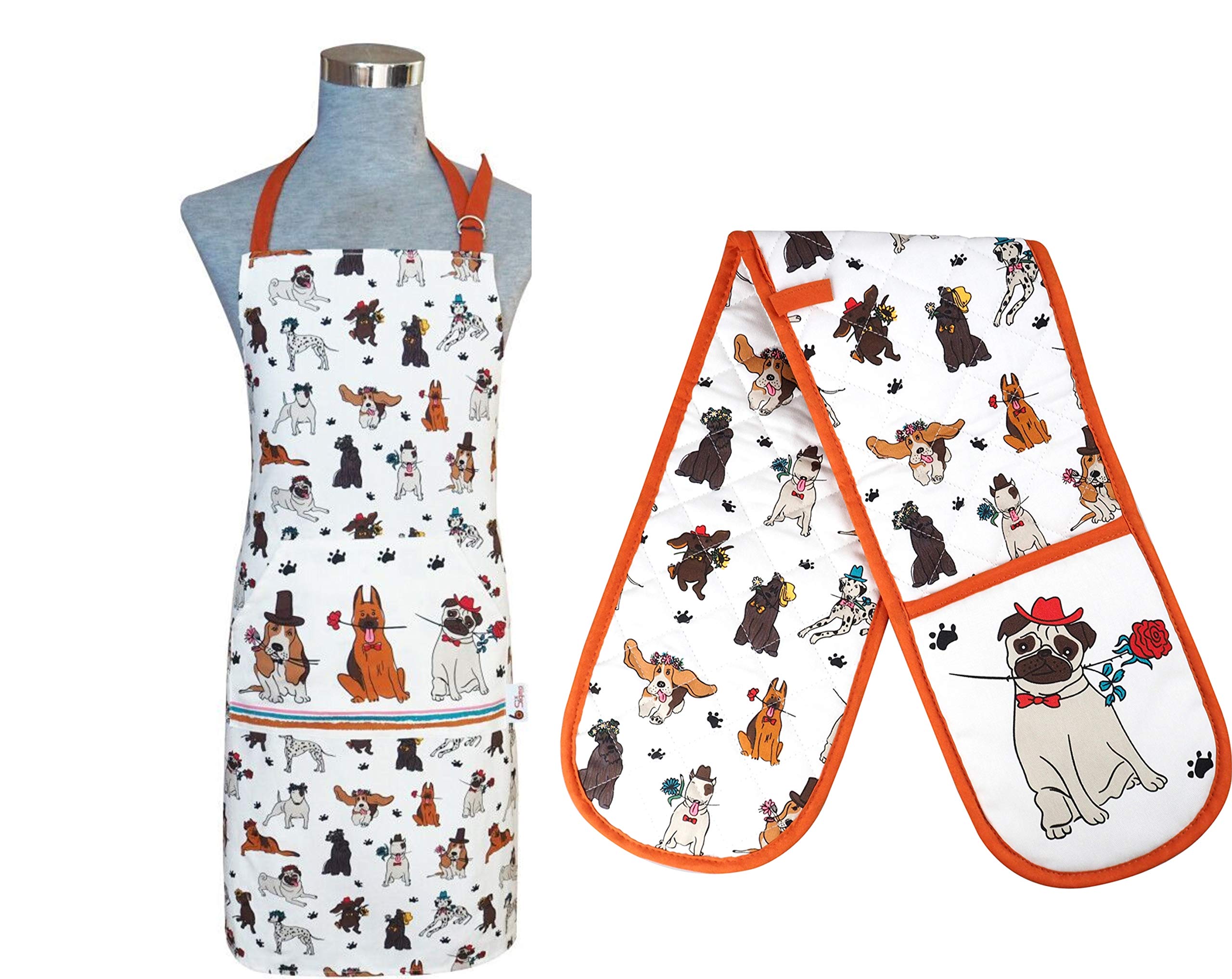 SiXsigma Sports Cooking Chefs Apron With Double Oven Gloves - Quick Dry Kitchen Cotton Aprons For Cooking, Baking & BBQ Grill - Perfect Mothers Day Gifts For Baking Lovers (Romantic Dog)