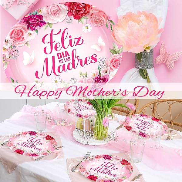 FELIZ DIA DE LAS MADRES PLATES 50PCS,HAPPY MOTHER’S DAY SPAINISH PARTY DECORATION,MOTHERS DAY PINK FLORAL OVAL DISPOSABLE PAPER PLATES FOR BEST MOM EVER PARTY SUPPLIES,11.6 X 9.4 INCH
