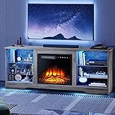 LEMBERI Fireplace TV Stand for up to 65 Inches TVs, LED Modern Entertainment Center with Built-in Electric Fireplace Heater & Adjustable Glass Shelves, Media Console for Living Room, Grey