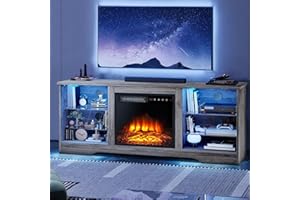 LEMBERI 58 Inches Fireplace TV Stand for TVs up to 65 Inches Console with 18'' Electric Fireplace & Remote, Wooden Modern Entertainment Center for Living Room with LED Light Glass Shelves (Grey)