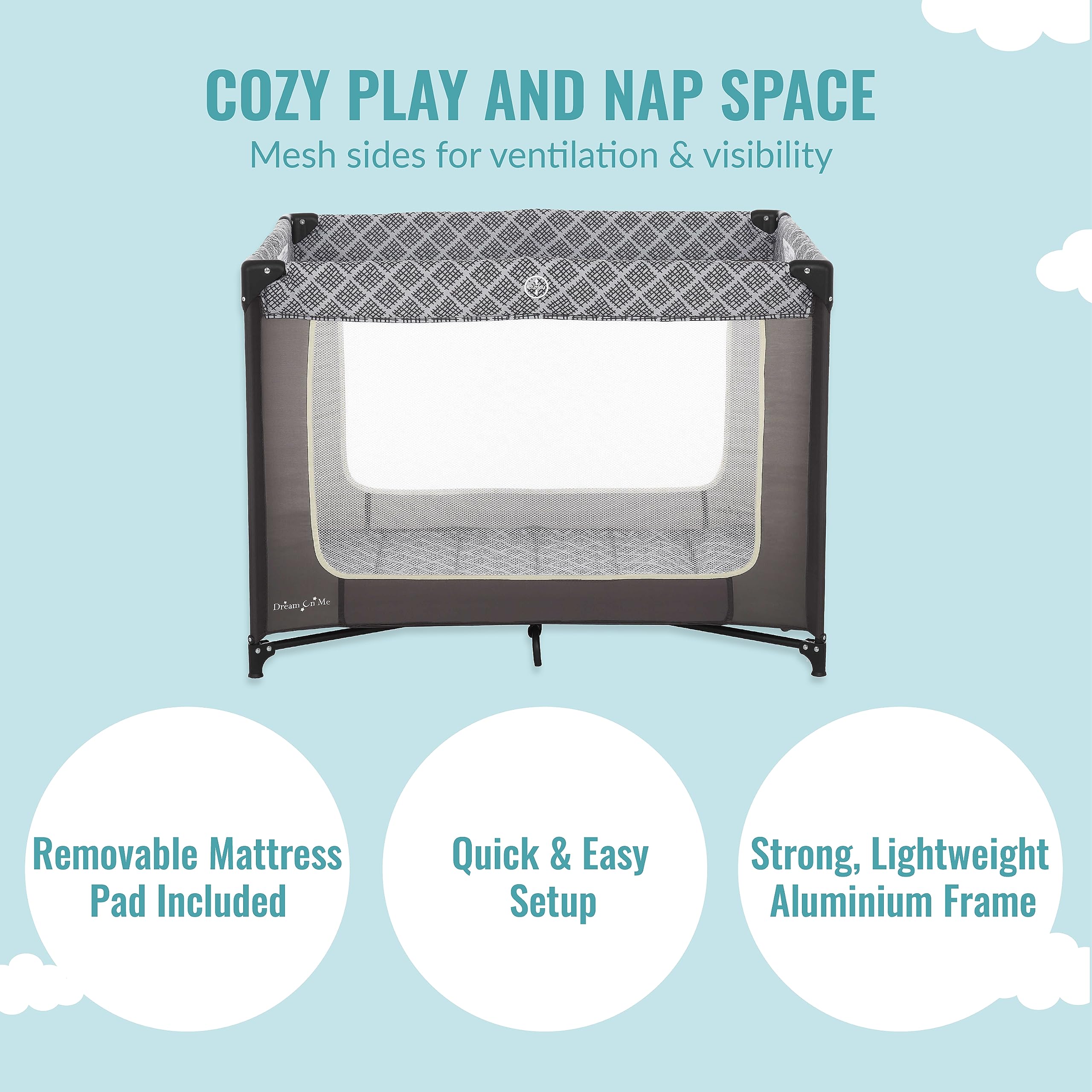 Dream On Me Zoom Portable Playard in Dark Grey, Lightweight, Packable and Easy Setup Baby Playard, Breathable Mesh Sides and Soft Fabric - Comes with a Removable Padded Mat