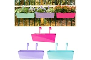 LOVOUS 3 Pcs Railing Planter Box Outdoor Balcony 16 Inch Metal Hanging Flower Pots for Plants Rectangular Fence Hanging Planters with Detachable Hooks for Garden Yard Patio Porch Home Decor