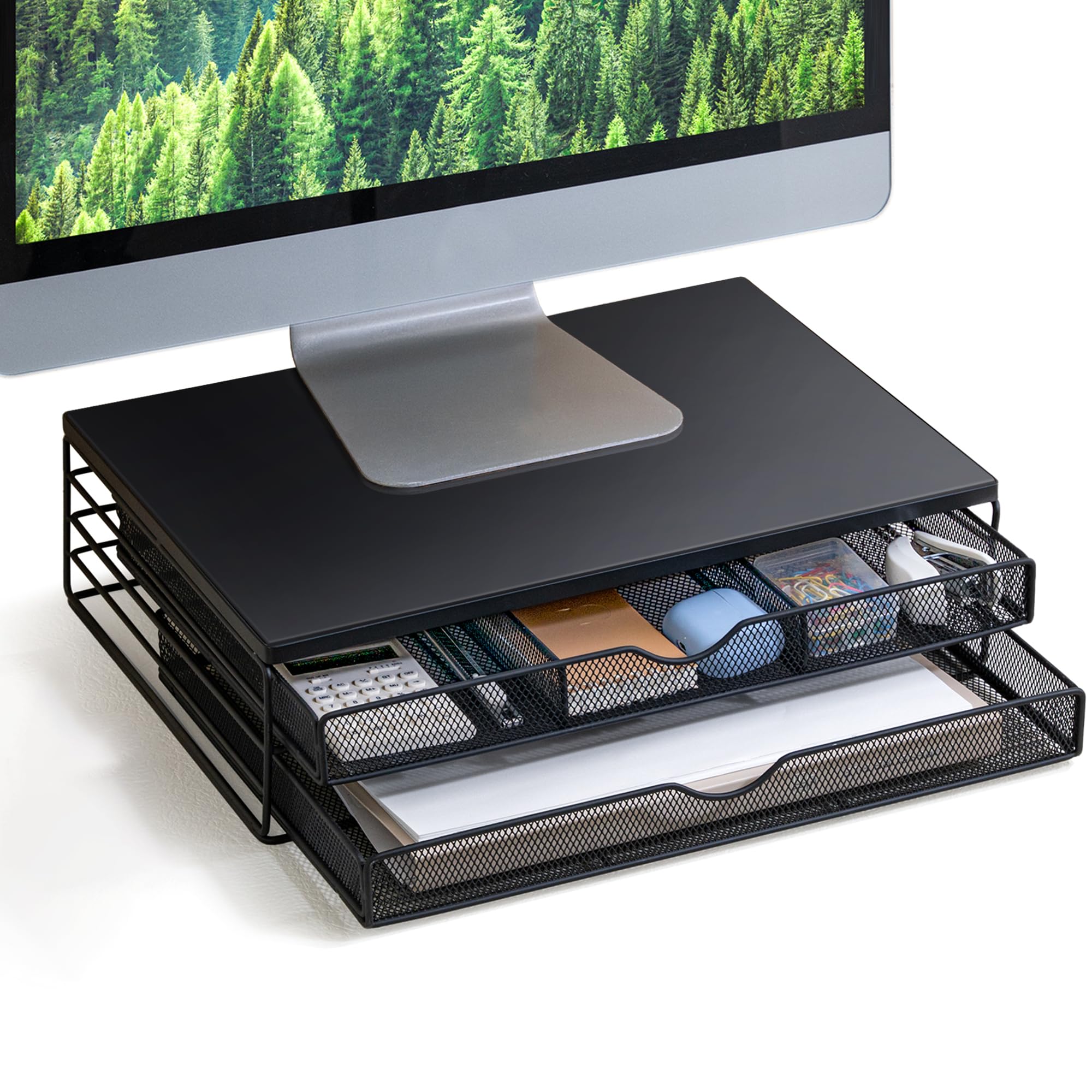 Photo 1 of ARCOBIS Wood Monitor Riser with Drawers, Mesh Metal Computer Monitor Stand Riser with Storage for Desk, Max Load Capacity 40LB, 2 Drawers, Black