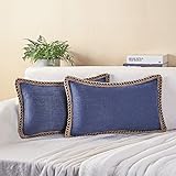 Phantoscope Pack of 2 Farmhouse Decorative Solid Throw Decorative Pillow Cover Burlap Linen Trimmed Tailored Edges Navy Blue 12 x 20 inches, 30 x 50 cm
