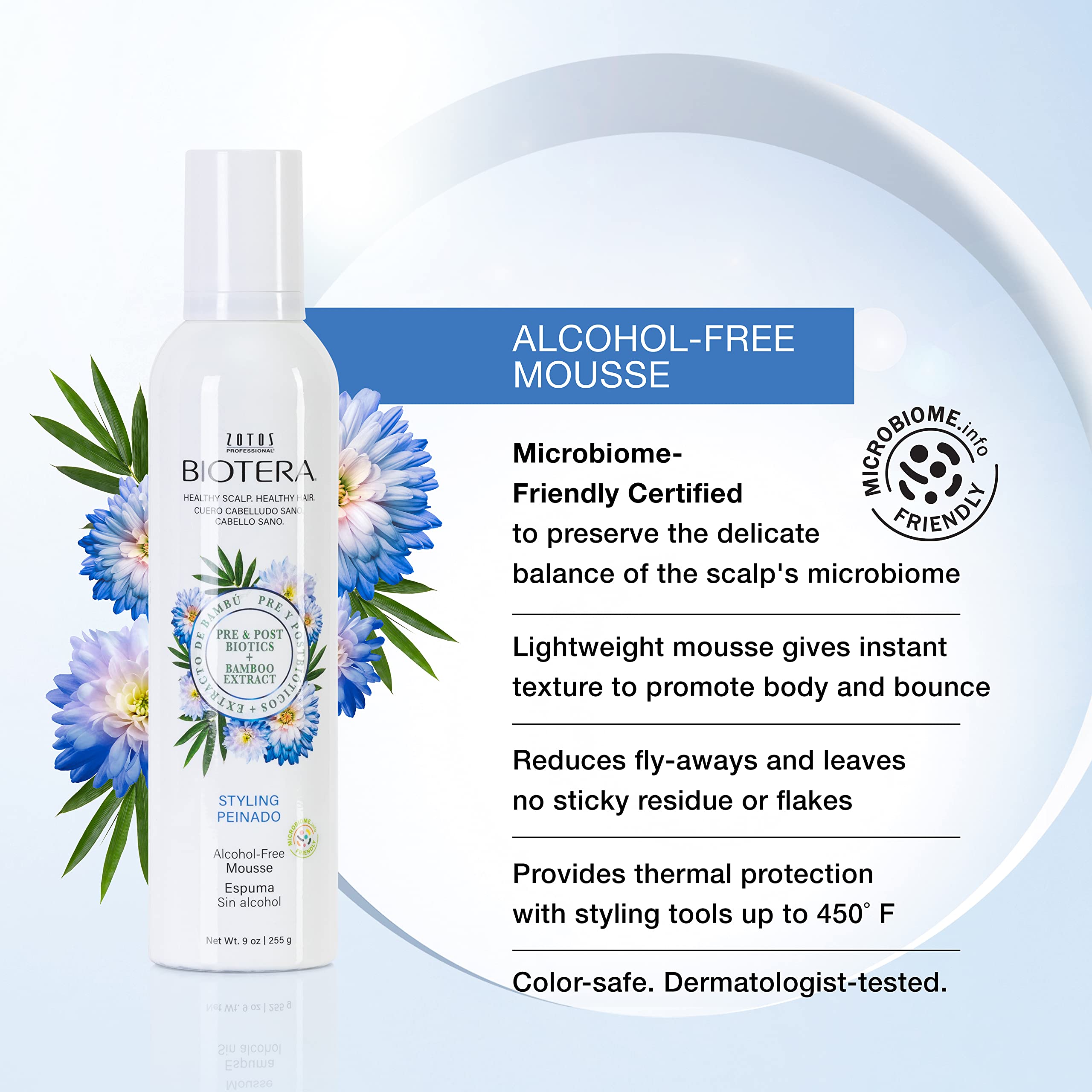 BIOTERA Styling Mousse Lightweight Alcohol-Free | Instant Texture | Promotes Body & Bounce | Microbiome Friendly | Vegan & Cruelty Free | Paraben Free | Color-Safe