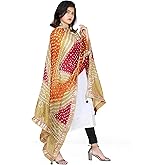Kalpit Creations Women's Jaipuri Rajasthani Silk Bandhani Bandhej Multi-Colored Heavy Dupatta with Gota Work and latkan (Skin-Orange-Mehrun), Skin-Orange-Mehrun, free size